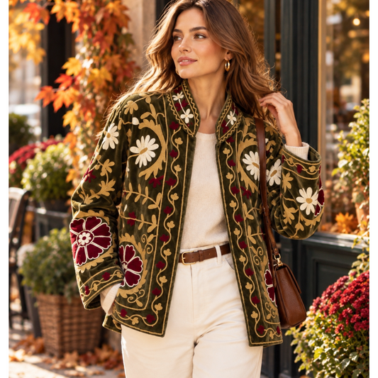 Khaki Velvet Embroidered Jacket