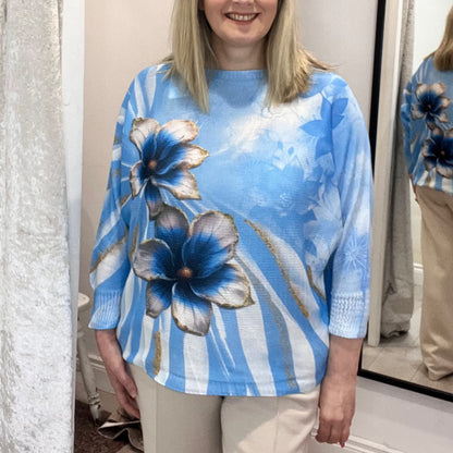 Floral Print Fine Knit Jumper Blue