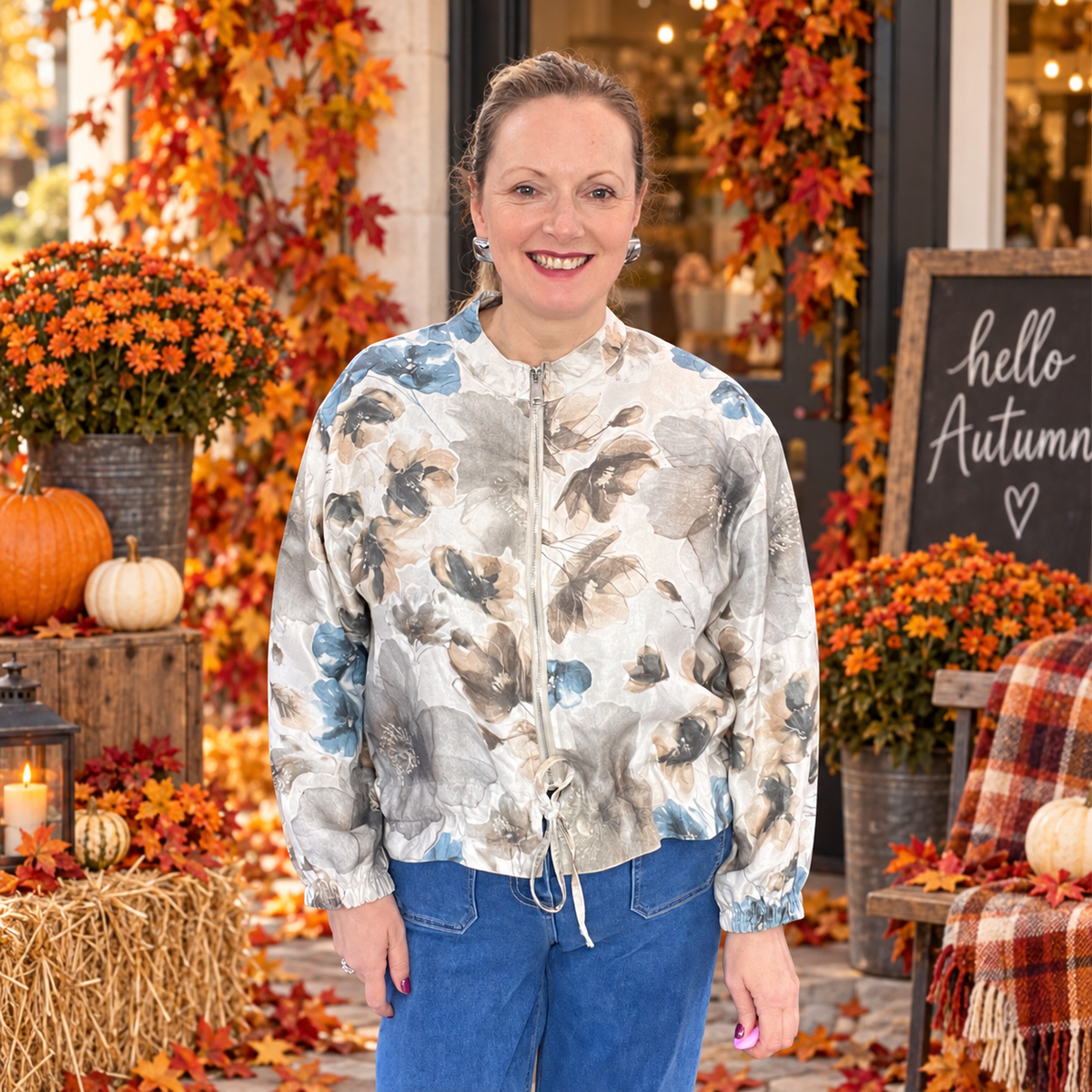 Taupe & Teal Floral Bomber Jacket