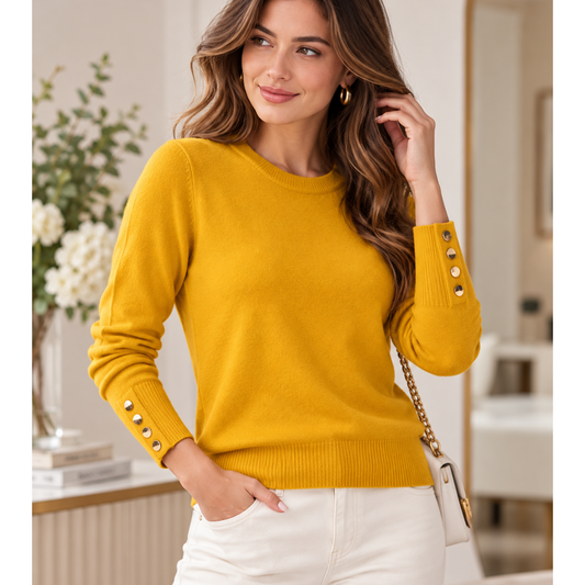 Mustard Fine Knit Jumper Gold Buttons