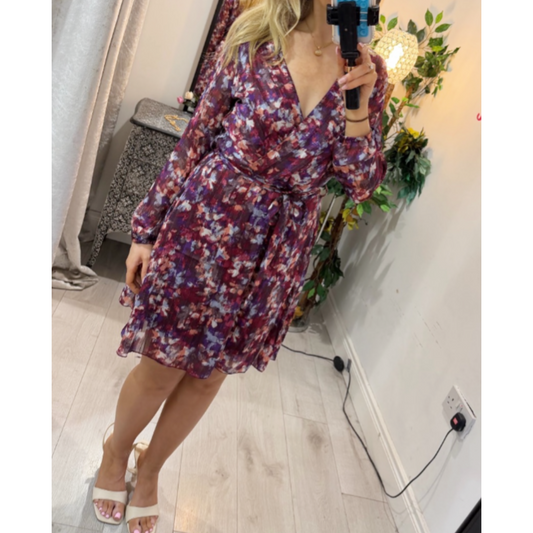 Alma V Neck Short Dress Burgundy Multicoloured