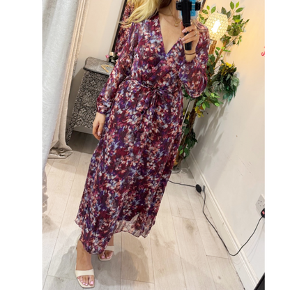 Burgundy Print V Neck Maxi Dress