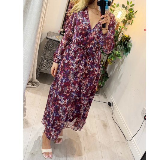 Burgundy Print V Neck Maxi Dress