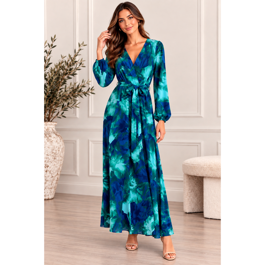 Navy & Green V Neck Maxi Dress