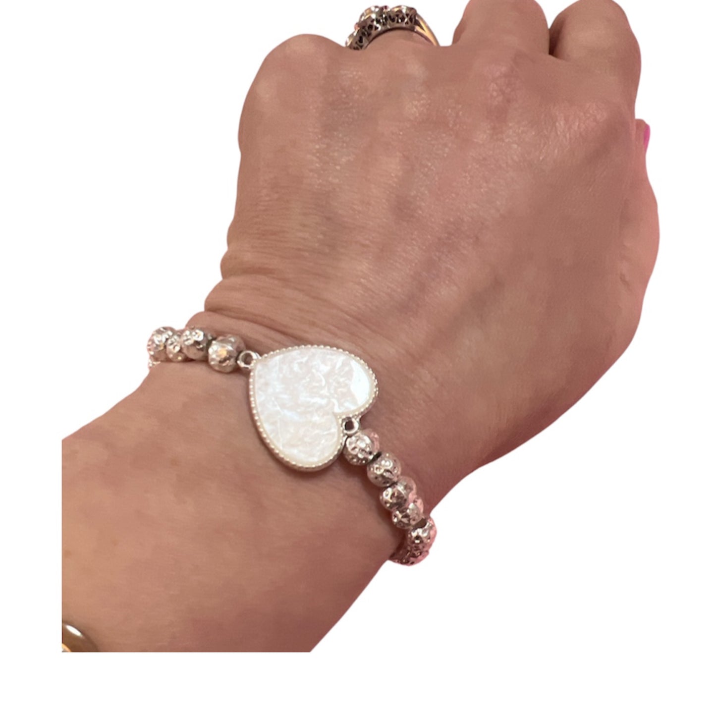 Stretch Silver Mother Of Pearl Heart Bracelet