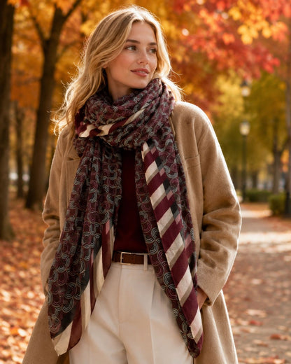 Swirls Print Scarf Stripe Trim (6 COLOURS)