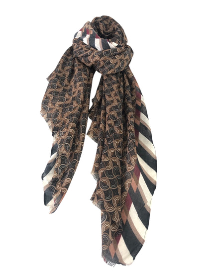 Swirls Print Scarf Stripe Trim (6 COLOURS)