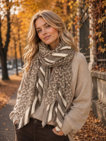 Swirls Print Scarf Stripe Trim (6 COLOURS)