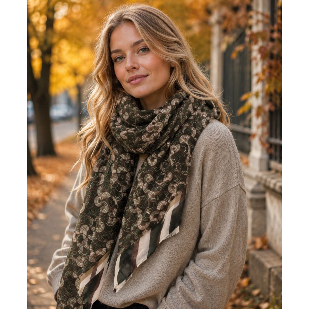 Swirls Print Scarf Stripe Trim (6 COLOURS)