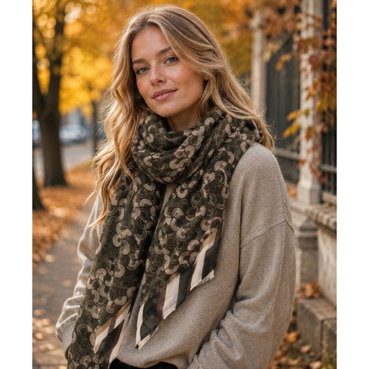 Swirls Print Scarf Stripe Trim (6 COLOURS)