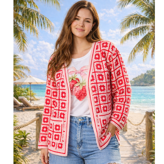 Miranda Pink & Red Crochet Cardigan