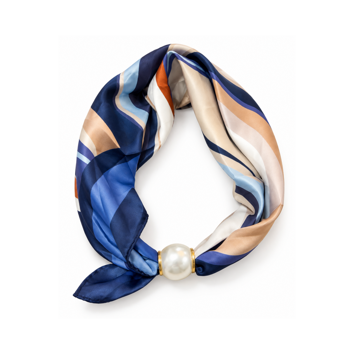 Magnetic Neck Scarf Navy Rust Stripe Pearl Fastener
