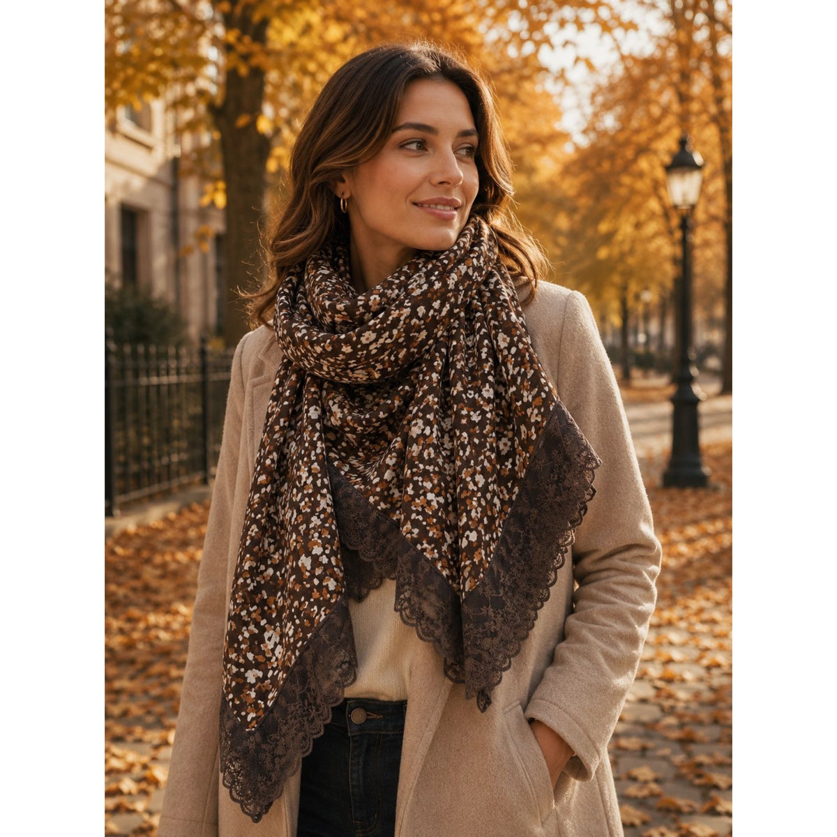 Floral Brown & Tan Scarf Lace Trim