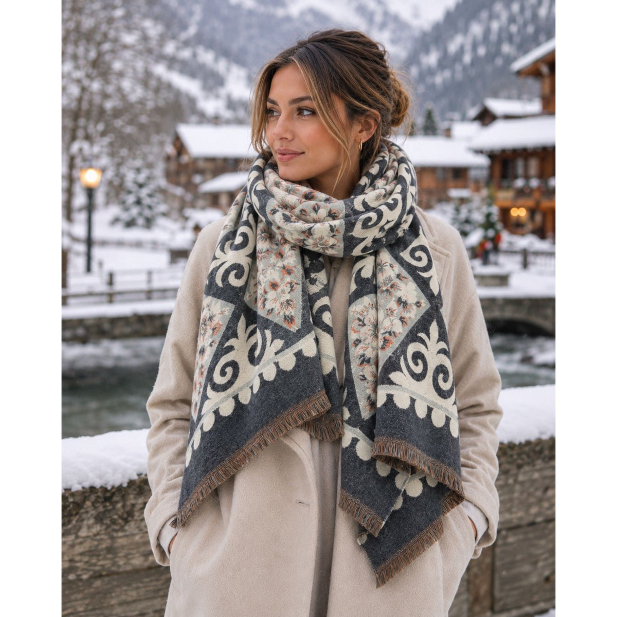 Grey & Cream Floral Design Reversible Scarf
