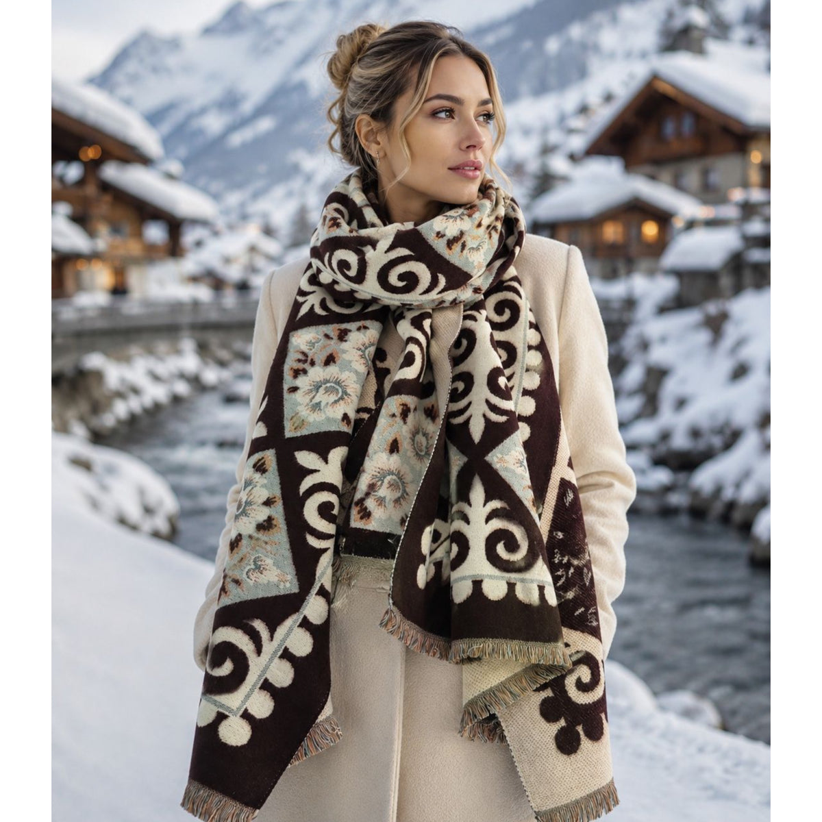 Chocolate Brown & Cream Floral Scarf