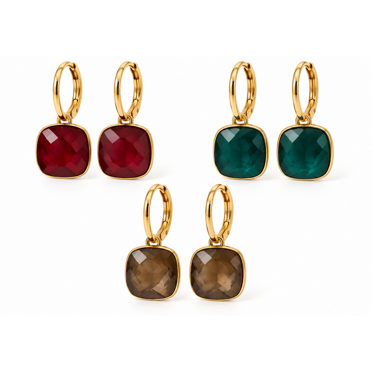 Square Crystal & Gold Drop Earrings (3 Colours)