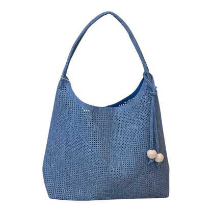 Denim Blue 3-Piece Hobo Shoulder Bag Set – Perforated Tote with Crossbody Strap
