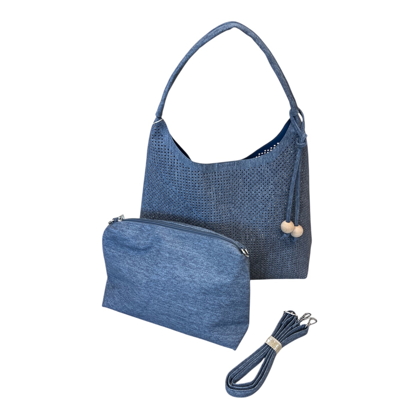 Denim Blue 3-Piece Hobo Shoulder Bag Set – Perforated Tote with Crossbody Strap