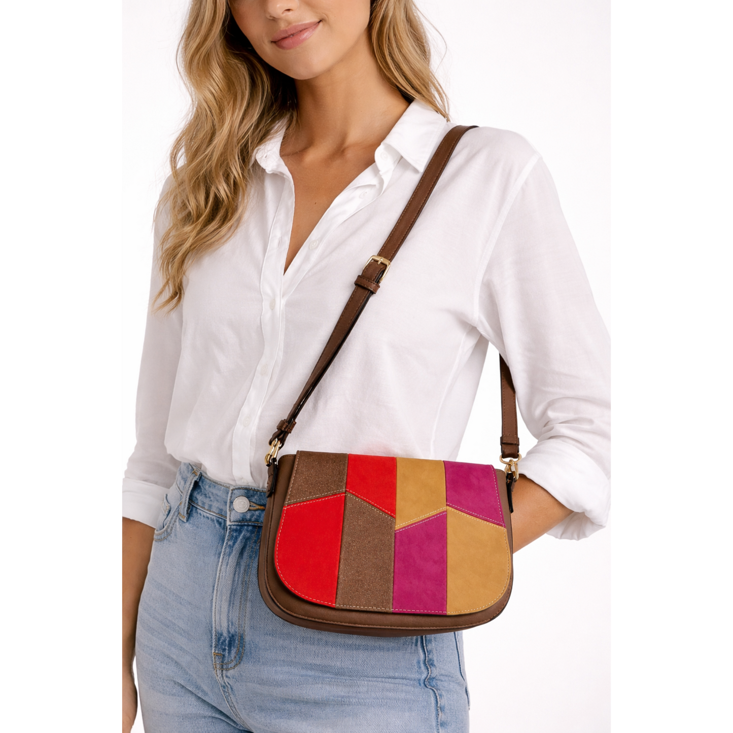 Colour Block Patchwork Crossbody Bag – Red, Pink & Taupe Camel
