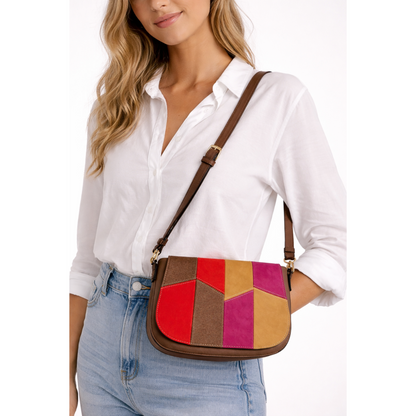 Colour Block Patchwork Crossbody Bag – Red, Pink & Taupe Camel