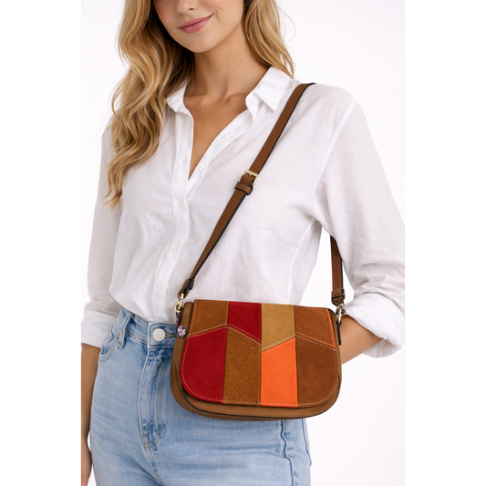 Colour Block Crossbody Bag – Wine,Tan, Brown & Orange Patchwork