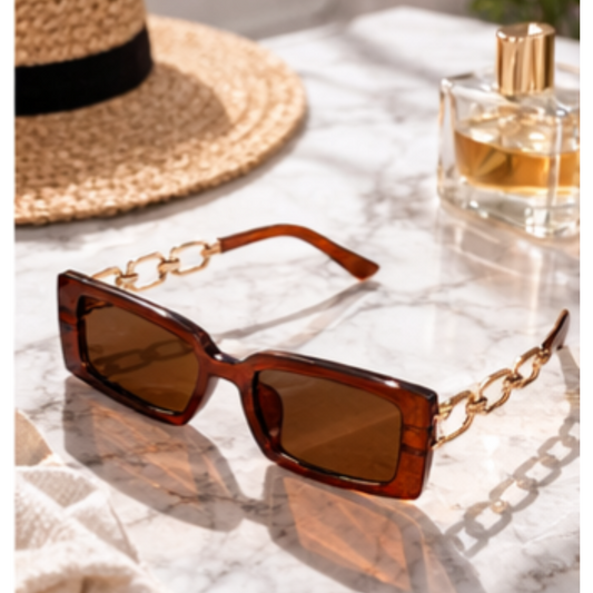 Amber Gold Chain Statement Sunglasses – Rectangular Luxe Frames