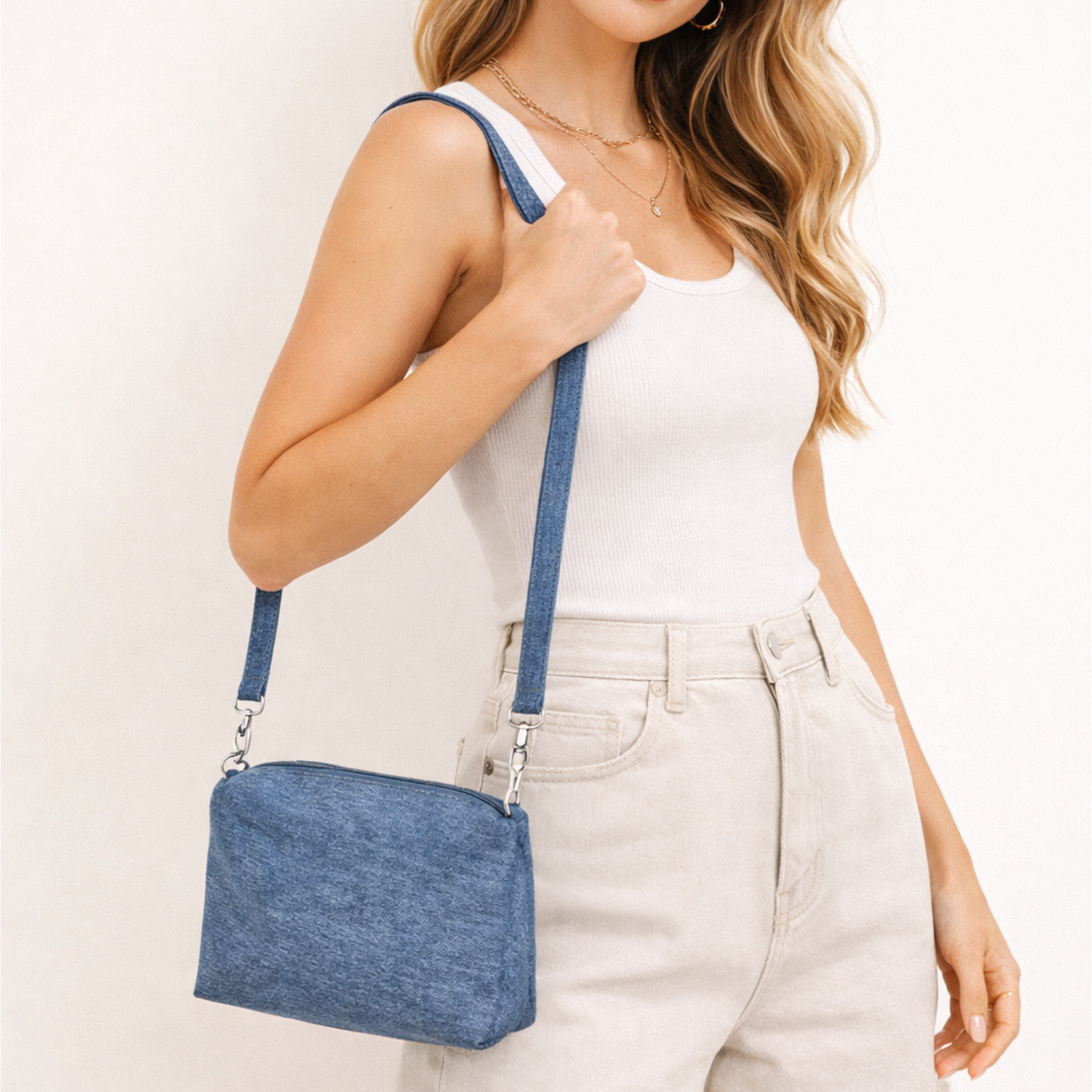 Denim Blue 3-Piece Hobo Shoulder Bag Set – Perforated Tote with Crossbody Strap