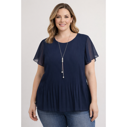 Amelia Navy Pleated Chiffon Top with Sheer Sleeves