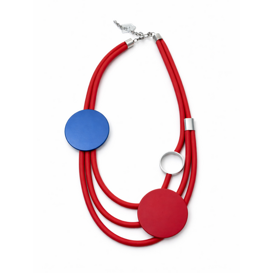 Bold Pop Statement Necklace Red & Blue Disc Multi-Cord