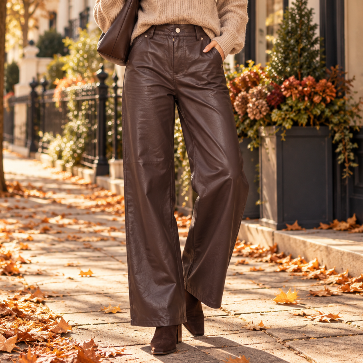 Chocolate Brown Faux Leather Straight Leg Trousers