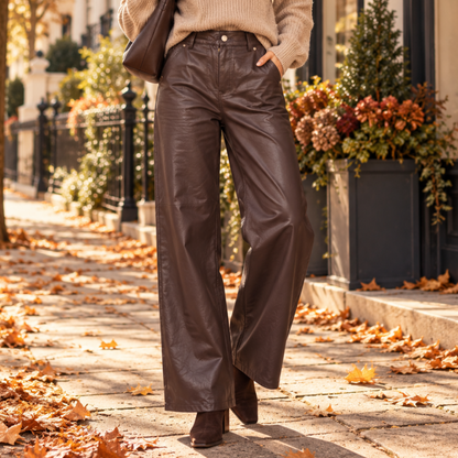 Chocolate Brown Faux Leather Straight Leg Trousers