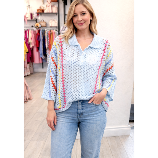 Light Blue Crochet Rainbow Stripe Top