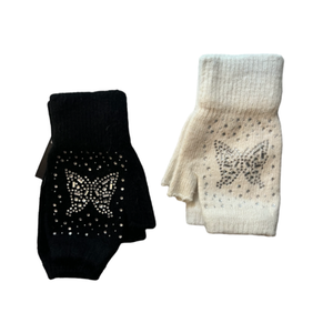 Fingerless knitted gloves with crystal butterfly