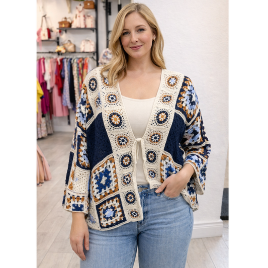Navy & Cream Boho Crochet Tie-Front Cardigan