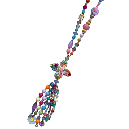 Long Multicoloured Beaded Flower & Tassel Necklace