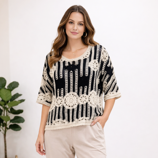 Black & Cream Crochet Knit Top