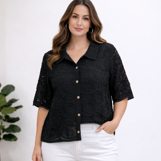 Black Lace Button Blouse