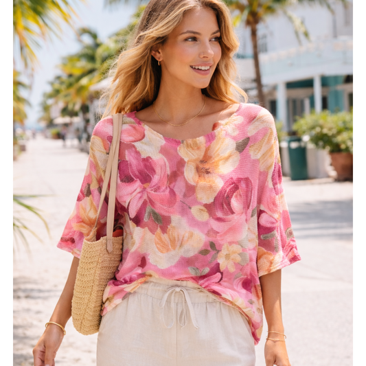 Hot Pink Fine Knit Top – Pink Floral Summer Knit