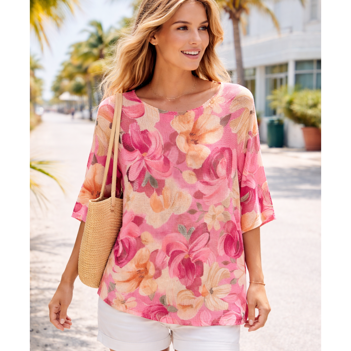 Hot Pink Fine Knit Top – Pink Floral Summer Knit
