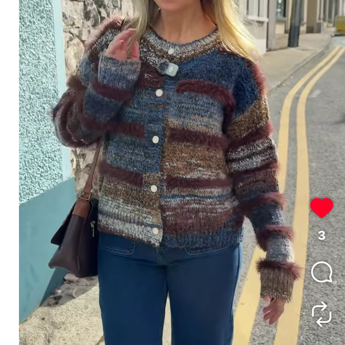 Navy & Brown Striped Cardigan Fur Detail