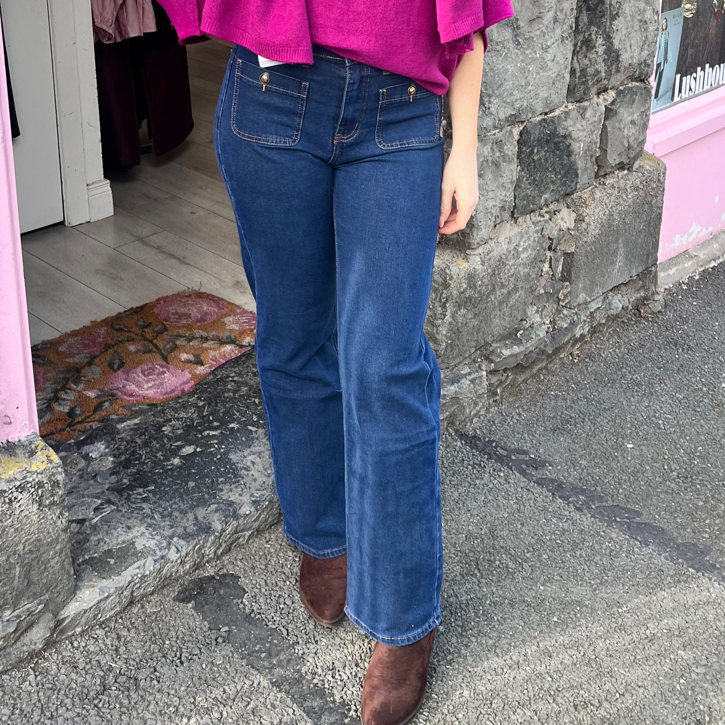 Margo Dark Denim Blue Straight Leg Jeans Pocket Front