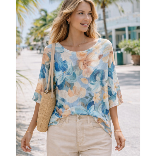 Blue Fine Knit Floral Top