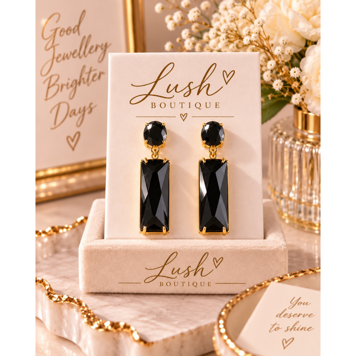 Gold & Crystal Rectangular Drop Earrings (4 COLOURS)