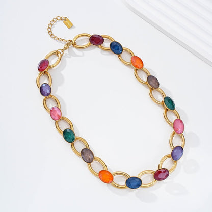 Multicoloured Crystal & Gold Stainless Steel Statement Necklace