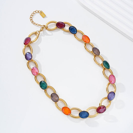 Multicoloured Crystal & Gold Stainless Steel Statement Necklace