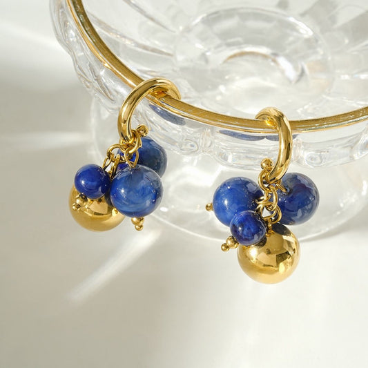 French Navy Blue & Gold Beaded Stainless Steel Hoop Earrings