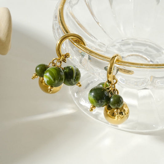 Khaki Green & Gold Beaded Hoop Earrings