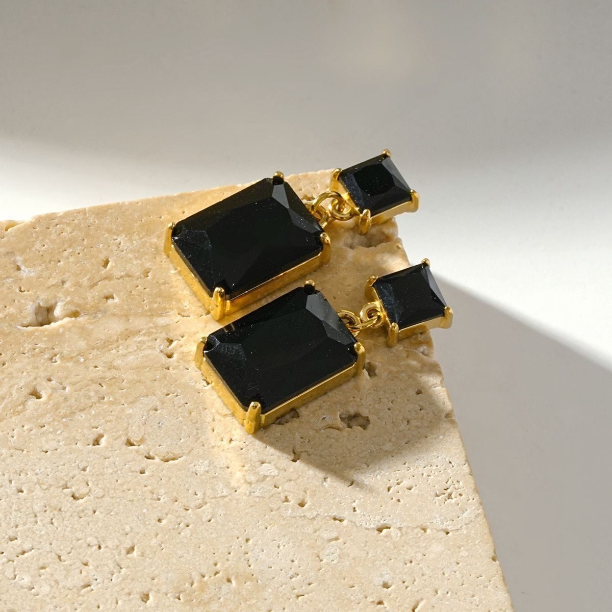 Black Crystal & Gold Rectangle Drop Earrings