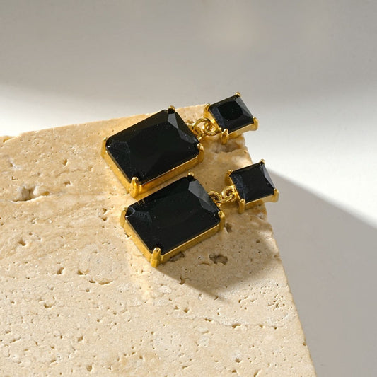 Black Crystal & Gold Rectangle Drop Earrings