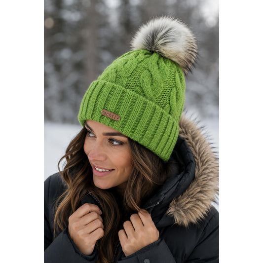 Green Cable Knit Hat PomPom